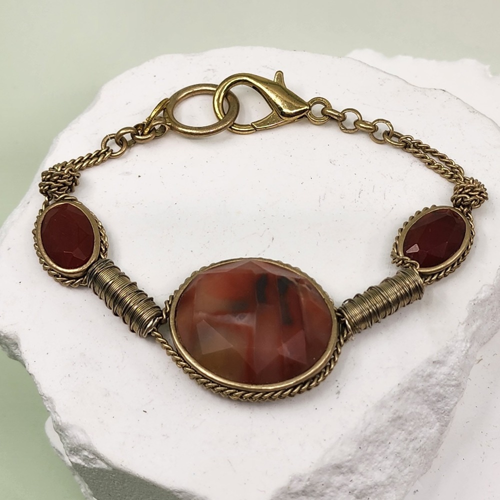 Vintage Red Brown Faceted Glass Bracelet Antique Gold Tone Wire Wrapped Boho